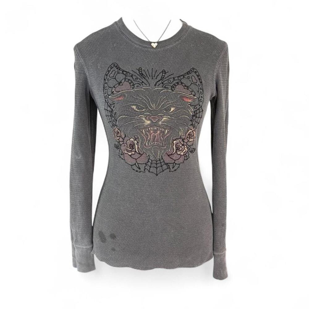 Y2K Lucky gray cotton long sleeve thermal black cat graphic roses Size Medium